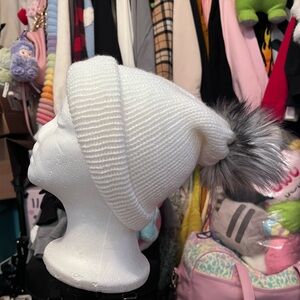 Handmade White and Grey Puff Beanie